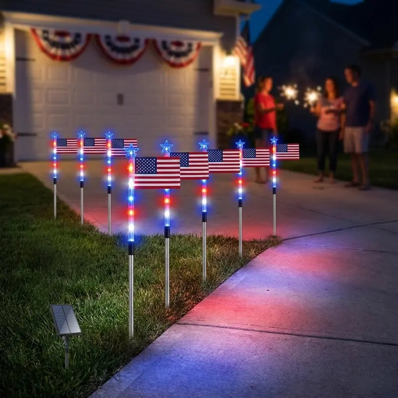 8 Piece Solar American Flag Light Set Waterproof Auto On/Off Patriotic LED Pathway Lights for Yard Garden & Walkway❤