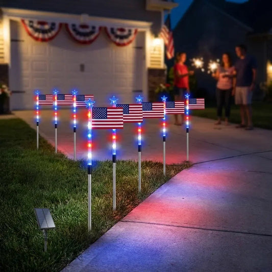 8 Piece Solar American Flag Light Set Waterproof Auto On/Off Patriotic LED Pathway Lights for Yard Garden & Walkway❤