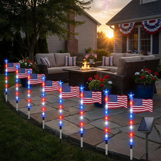 8 Piece Solar American Flag Light Set Waterproof Auto On/Off Patriotic LED Pathway Lights for Yard Garden & Walkway❤