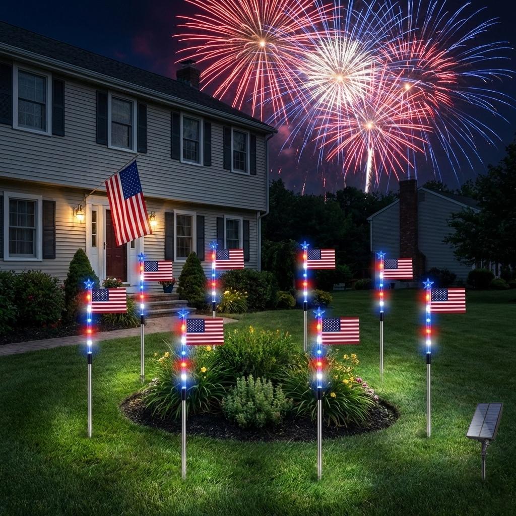 8 Piece Solar American Flag Light Set Waterproof Auto On/Off Patriotic LED Pathway Lights for Yard Garden & Walkway❤