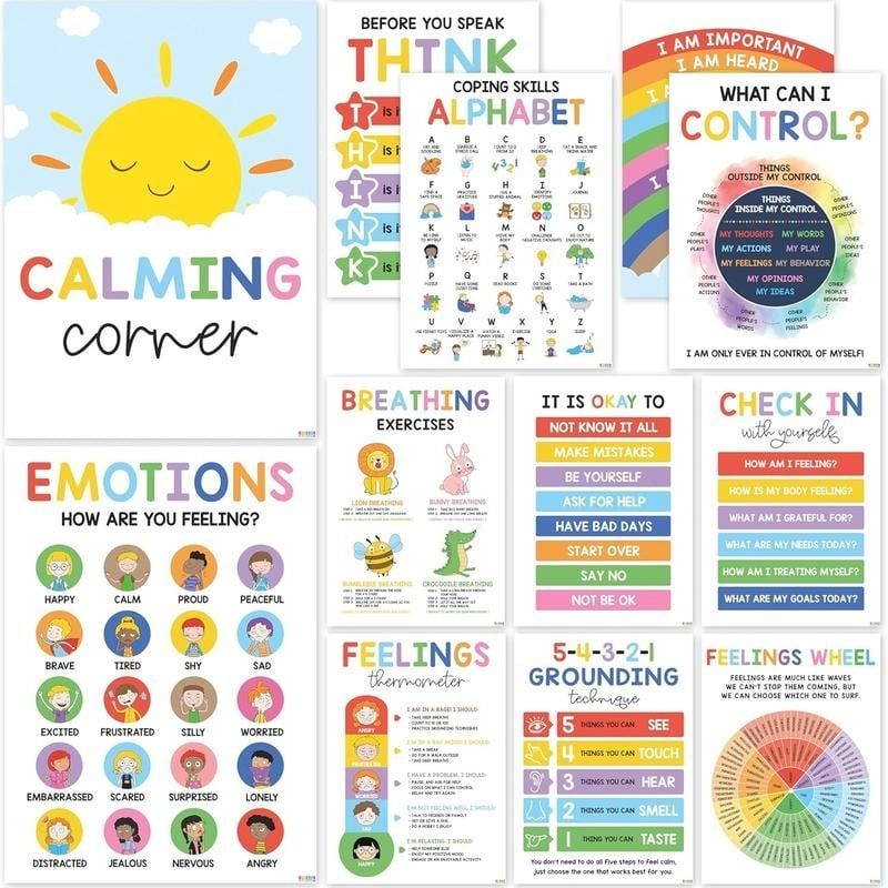 🎁Last Day 49% OFF🔥12 Calming Corner Classroom Posters - Feelings Wheel Chart & Emotions Poster For Kids - Free Shipping