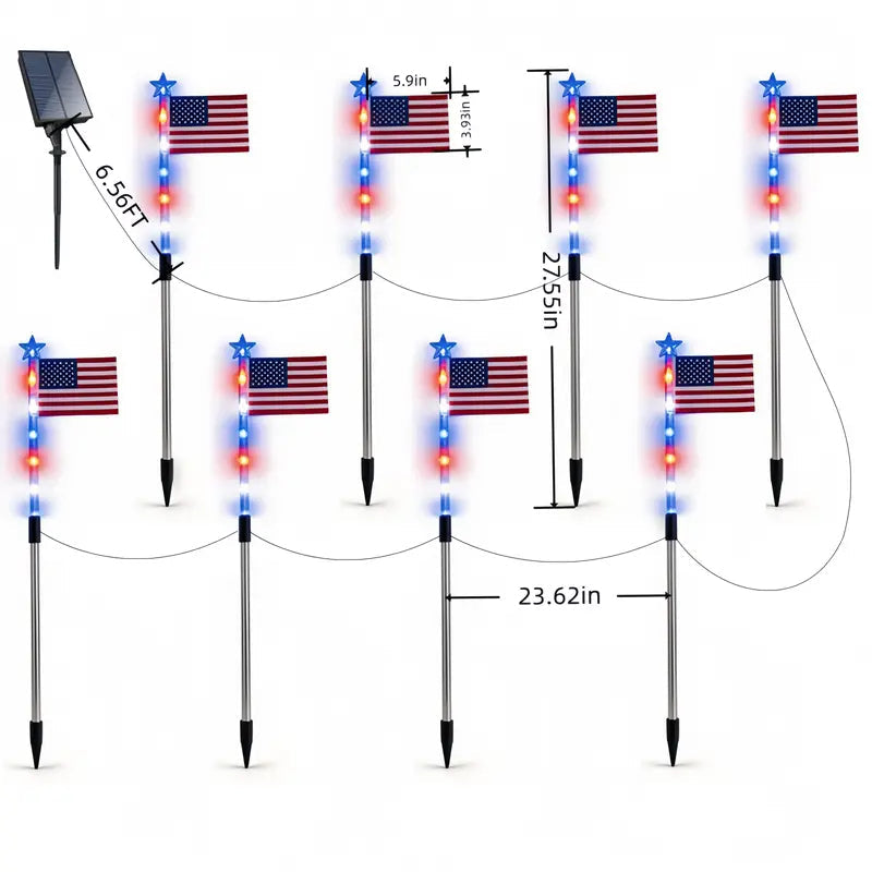 8 Piece Solar American Flag Light Set Waterproof Auto On/Off Patriotic LED Pathway Lights for Yard Garden & Walkway❤