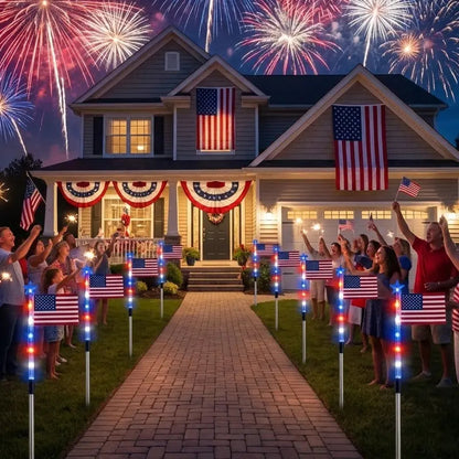 8 Piece Solar American Flag Light Set Waterproof Auto On/Off Patriotic LED Pathway Lights for Yard Garden & Walkway❤